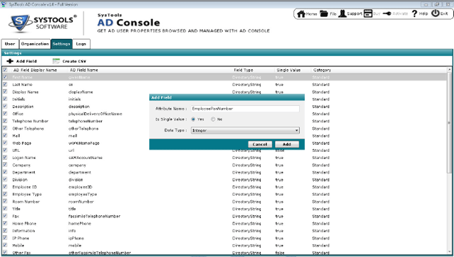 Add more fields in Active Directory Console Software