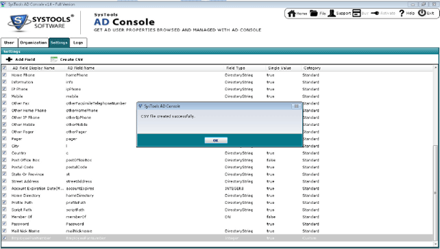 CSV generated complete by Active Directory Console Software