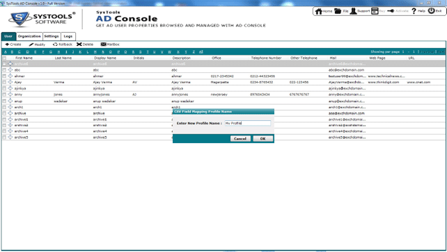 Enter new profile in Active Directory Console Tool