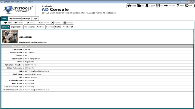 view general user properties by Active Directory Console Software