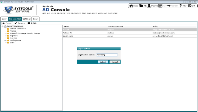 creating organization system by using Active Directory Console Software