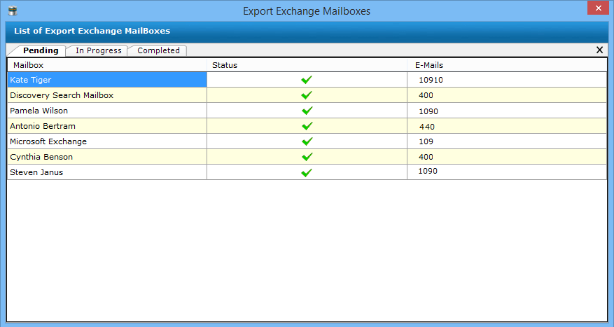 status of exported exchange emails