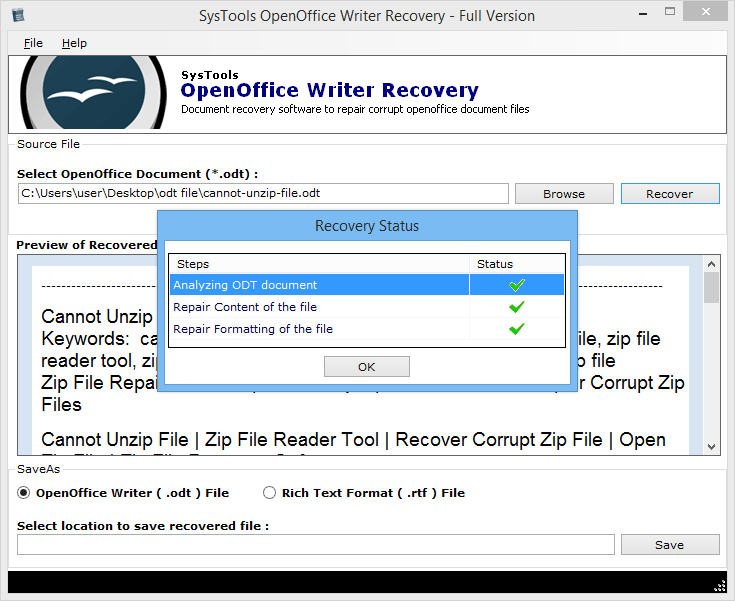 Open office writer recovery ODT