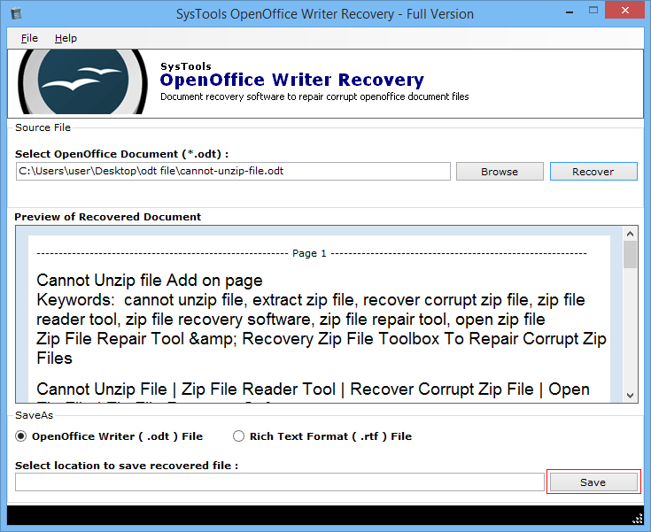 save recovered odt file