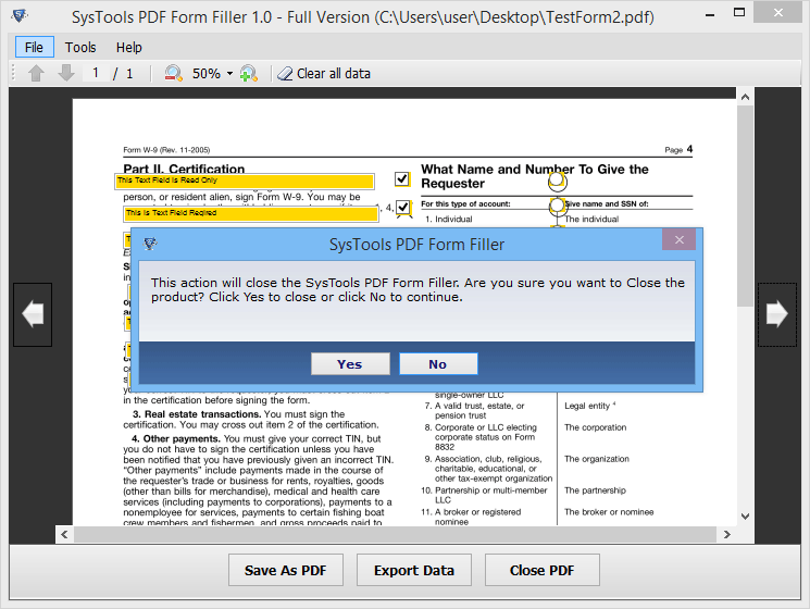 Close and Exit the PDF File form Filler tool