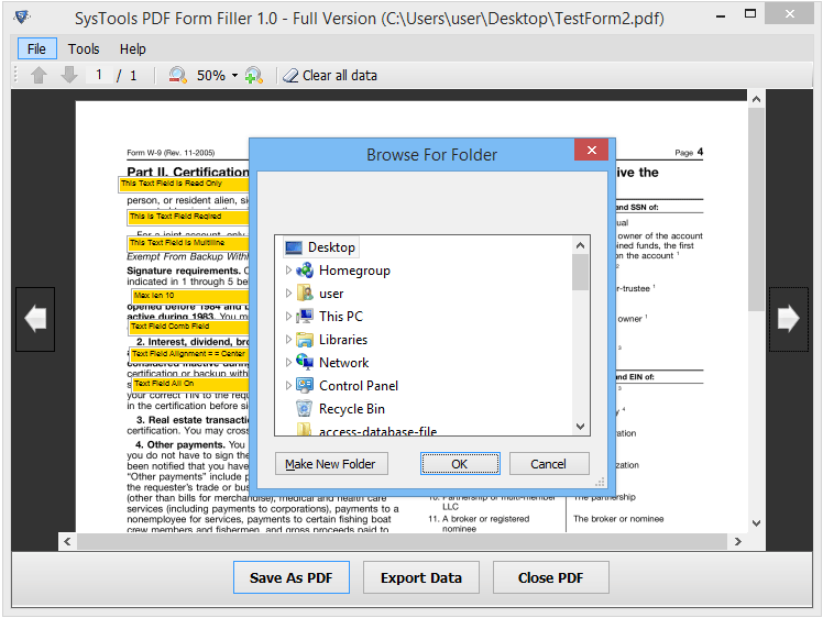 choose destination fr filled PDF file Form