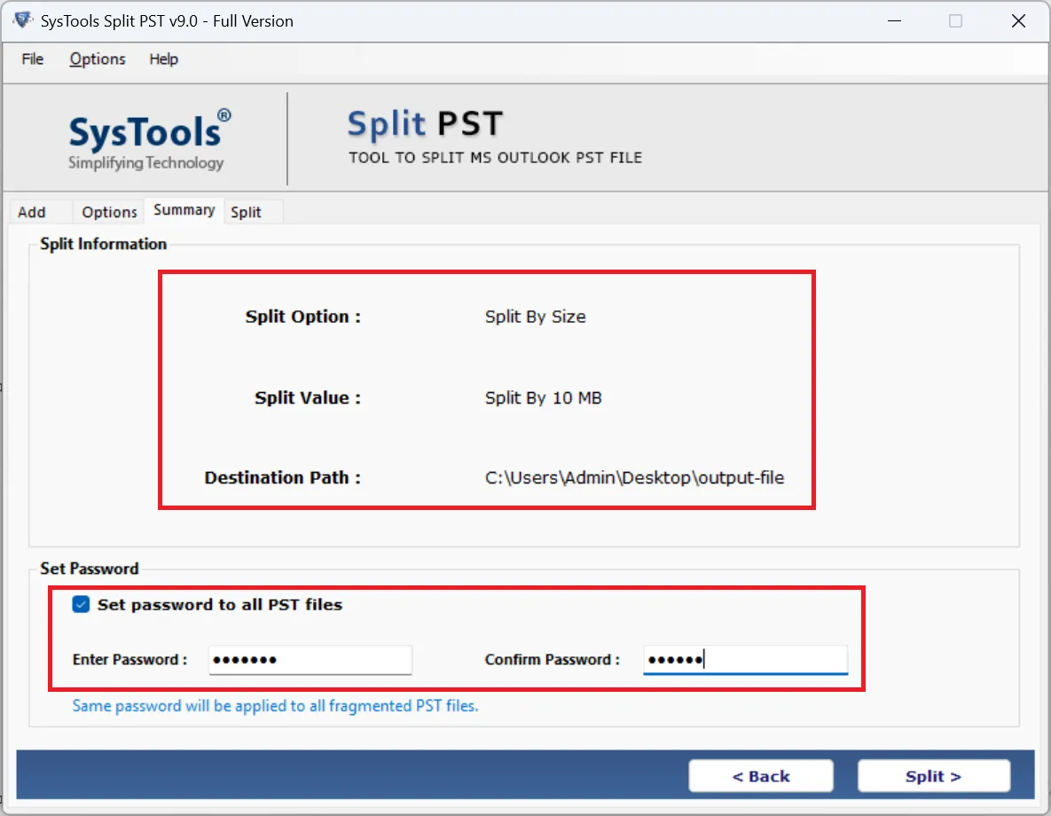 check split information