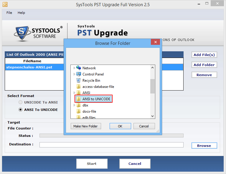 Set the location to store the Updated Outlook PST