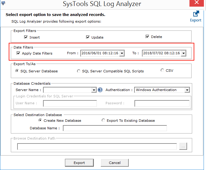 export SQL database log files