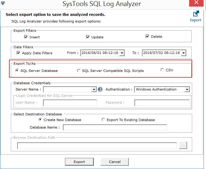 save sql data using SQL log Analyzer