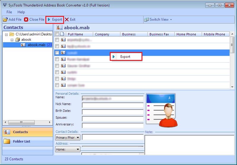 Thunderbird Address Book Converter Export MAB to CSV, PST & VCF format