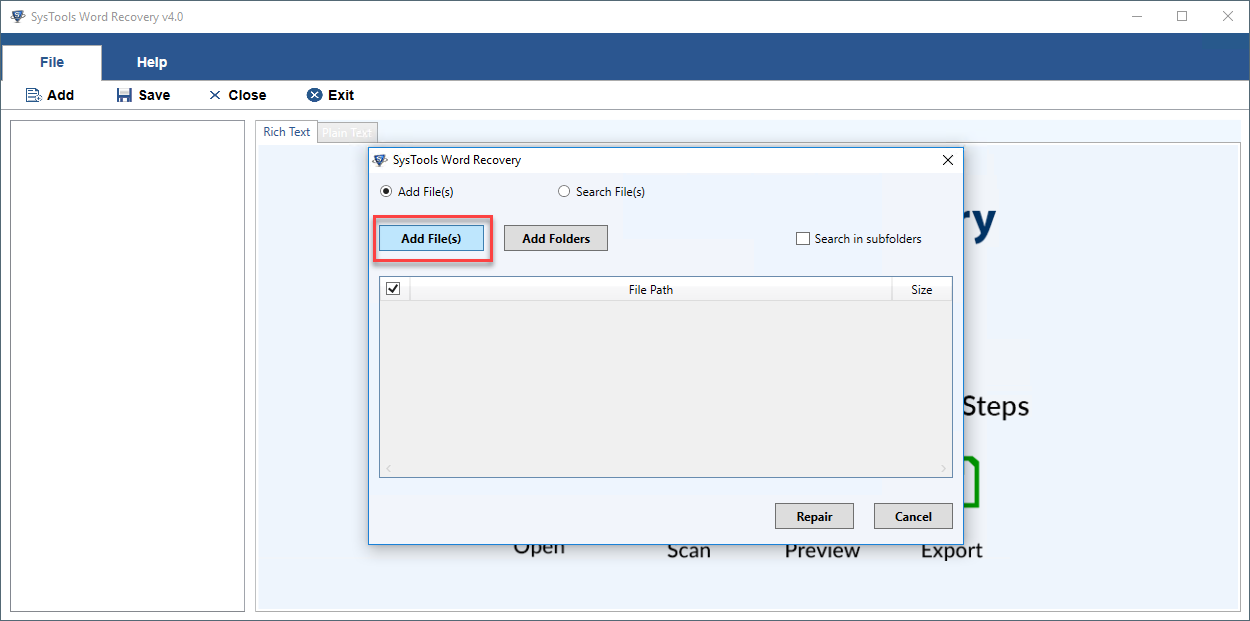 Browse Word file for repair