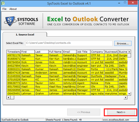 Preview XLS contacts