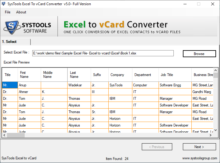 export excel data to Vcf Preview